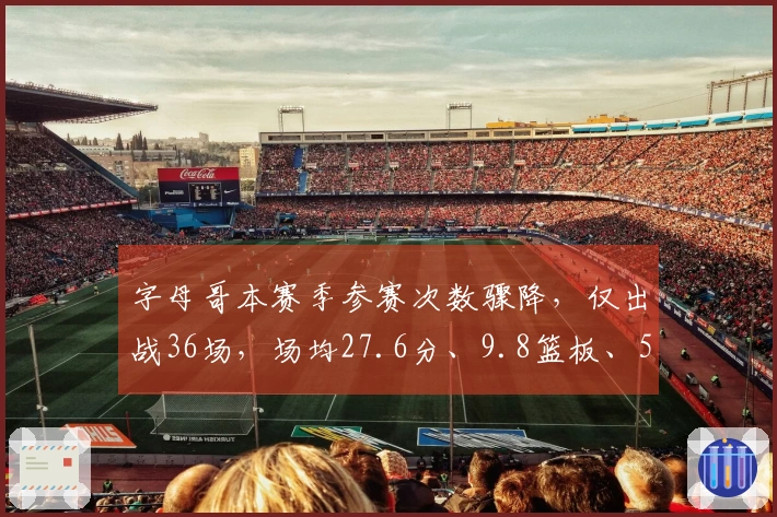 字母哥本赛季参赛次数骤降，仅出战36场，场均27.6分、9.8篮板、5.4助攻，雄鹿生涯接近尾声